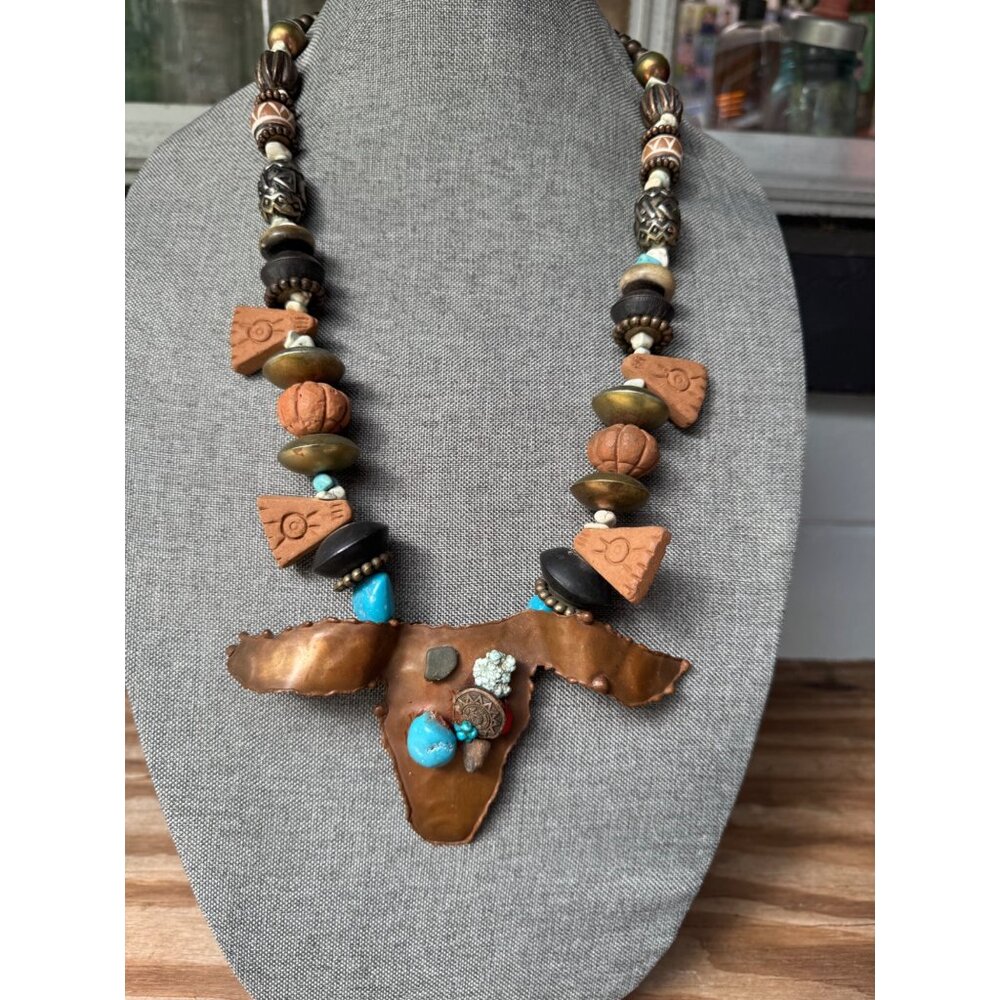 Handcrafted Boho Tribal Necklace With Bull Head Pendant Mixed Beads & Turquoise - Picture 2 of 6